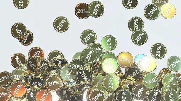 Jetons ou pièces d'or tombant avec la VENTE et 20 pour cent de texte discot, rendu 3D — Photo