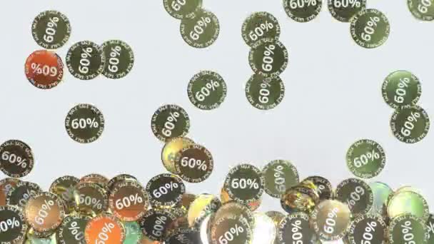 Falling golden tokens or coins with SALE and 60 percent discont text, 3D animation — Stock Video
