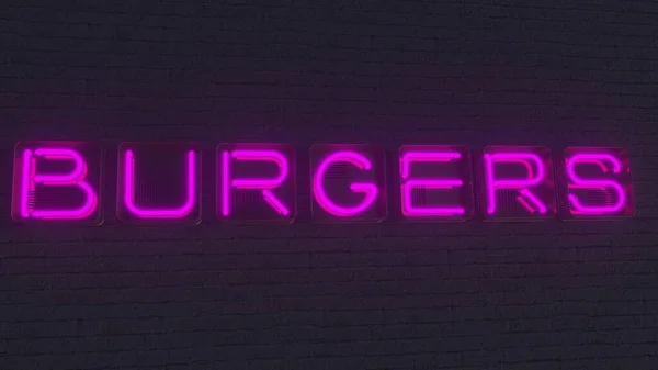 BURGERS tabuleta feita com letras de néon brilhante no escuro. Renderização 3D — Fotografia de Stock