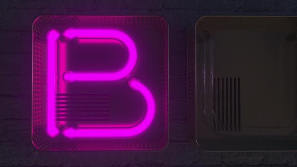 Πινακίδα BURGERS κατασκευασμένη με λαμπερά γράμματα νέον στο σκοτάδι. 3D κινούμενα σχέδια — Αρχείο Βίντεο