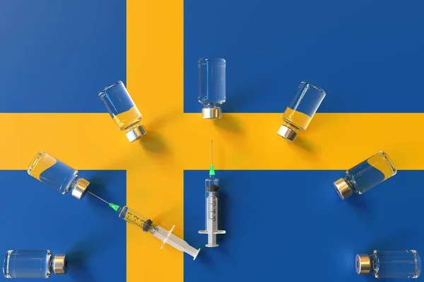 Szklane fiolki i strzykawki na fladze Szwecji. Konceptualne renderowanie 3D związane ze szczepieniem — Zdjęcie stockowe