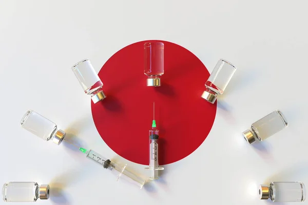Skleněné injekční lahvičky a injekční stříkačky na japonskou vlajku. Konceptuální 3D vykreslování související s vakcinací — Stock fotografie