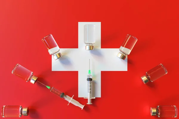 Bandera de Suiza y jeringas con viales de vacunas. Concepto de tiempo de vacunación 3D renderizado —  Fotos de Stock