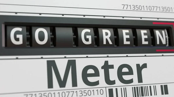 Αναλογικός μετρητής ή μετρητής με GO GREEN κείμενο. Εννοιολογική τρισδιάστατη απόδοση — Φωτογραφία Αρχείου