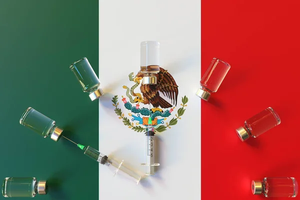 Bandera de México y jeringas con viales de vacuna. Concepto de tiempo de vacunación 3D renderizado — Foto de Stock