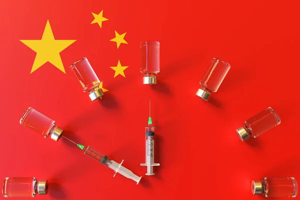 Syringes and medical vials on the flag of China. Vaccination related conceptual 3D rendering — Stock Photo, Image