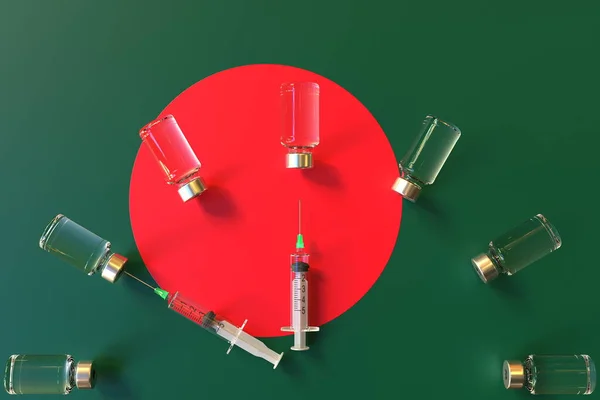 Flagge von Bangladesch und Spritzen mit Impfflaschen. Impfzeitkonzept 3D-Rendering Stockfoto