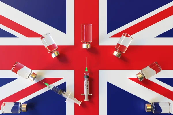 Sprutor och medicinska ampuller på Storbritanniens flagga. Vaccinationsrelaterad konceptuell 3D-återgivning — Stockfoto