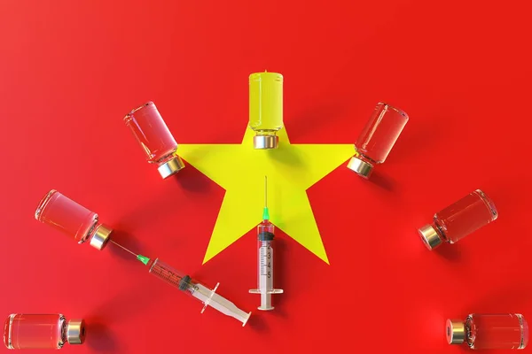Flag of Vietnam and syrines with vaccine vials. Vaccination time concept 3D rendering — Stock Photo, Image