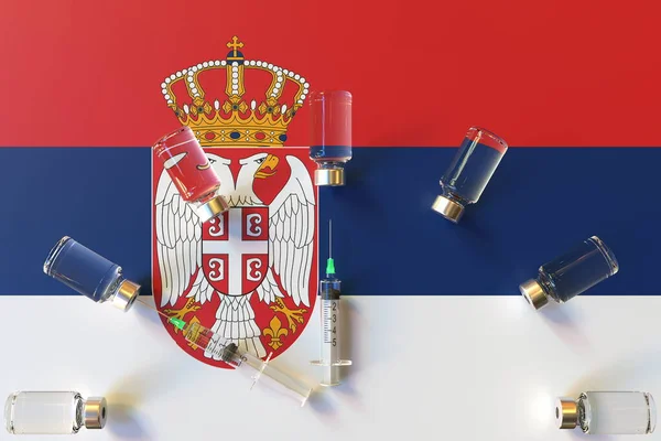 Шрінгс і медичні вілли на прапорі Сербії. Вакцинація пов'язана концептуальний 3D-рендеринг — стокове фото