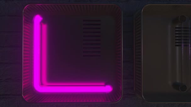 Világító tábla világító neon betűkkel a sötétben. 3D animáció — Stock videók