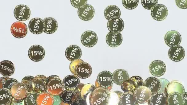 Caída de fichas de oro o monedas con VENTA y 15 por ciento de texto discont, animación 3D — Vídeos de Stock