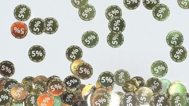 Fallande gyllene polletter eller mynt med REA och 5 procent discont text, 3D-animation — Stockvideo