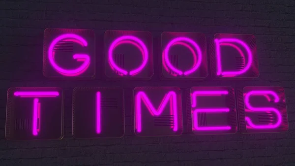 GOOD TIMES фіолетова вивіска, зроблена зі світяться неоновими літерами в темряві. 3D візуалізація — стокове фото