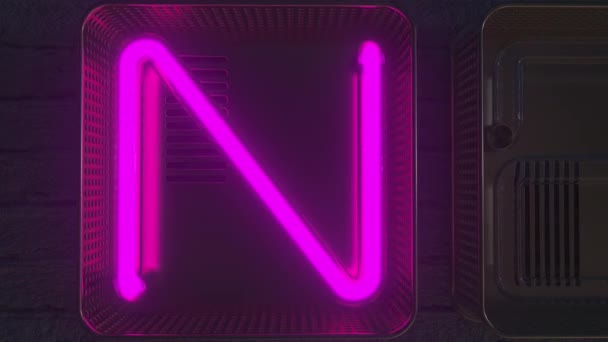 Вывеска NEON розового цвета с перламутровыми буквами в темноте. 3D анимация — стоковое видео