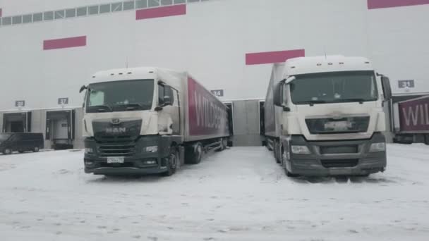 KOLEDINO, Rusya - 20 ARALIK 2021. Depodaki kamyonlar, Rusya 'nın en büyük e-ticaret şirketi olan Yaban mersini rıhtımlarını yüklüyor. — Stok video