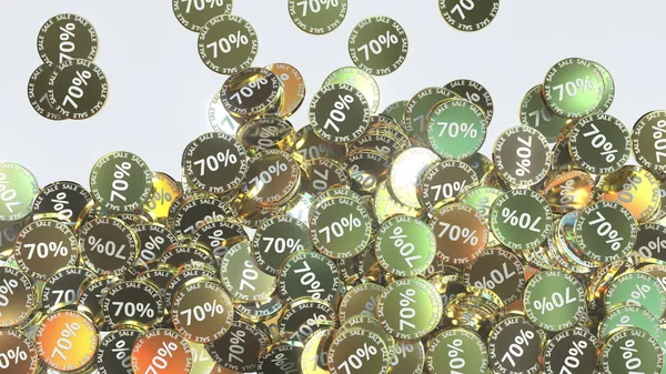 Căderea jetoanelor sau monedelor aurii cu VÂNZARE și 70% discont text, redare 3D — Fotografie, imagine de stoc