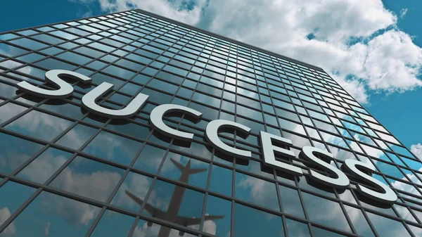 SUCCESS signboard on a modern skyscraper reflecting flying airplane. 3D rendering — Foto Stock