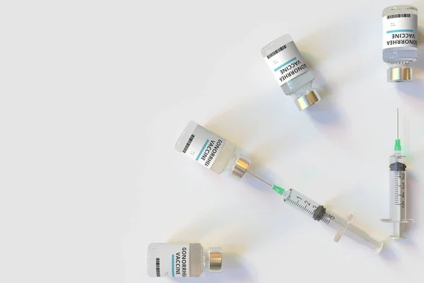 Zifferblatt aus Gonorrhoe-Impfflaschen und Spritzen. Impfzeitkonzept. Konzeptionelles medizinisches 3D-Rendering — Stockfoto