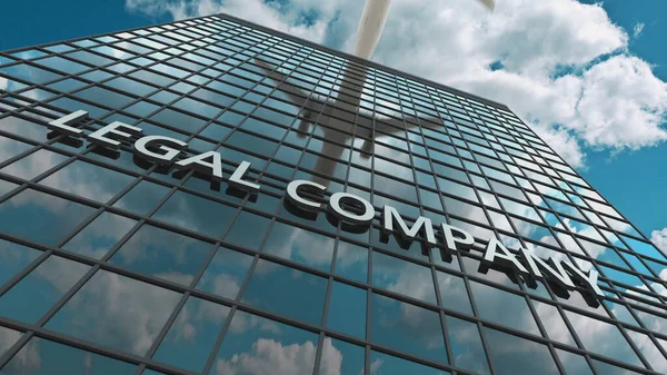 LEGAL COMPANY signboard on a modern skyscraper reflecting flying airplane. 3D rendering — ストック写真