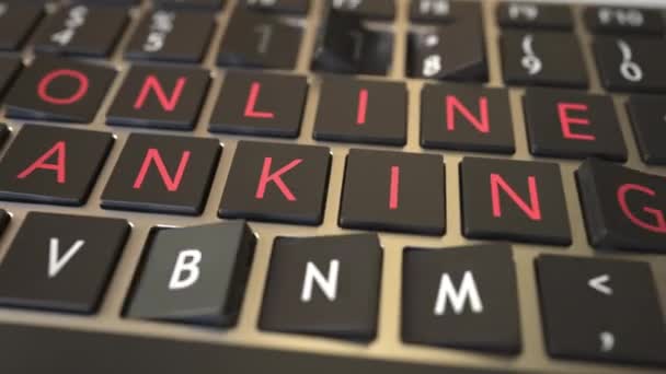 BANQUE EN LIGNE texte révélé avec des touches de basculement du clavier de l'ordinateur. Animation 3D conceptuelle liée à la technologie moderne — Video