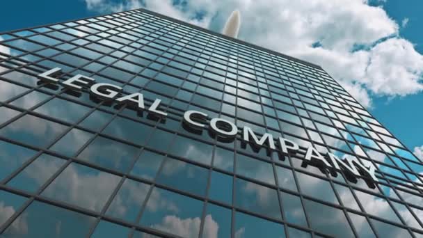 LEGAL COMPANY signboard on a modern skyscraper reflecting flying airplane. 3D animation — Stockvideo