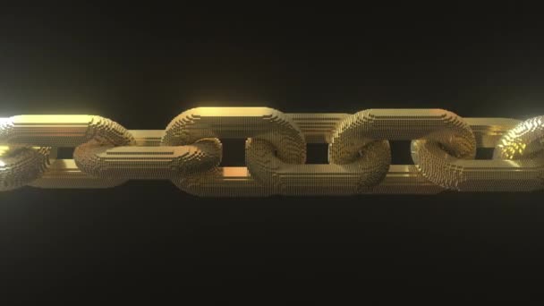 3D звенья цепи сделаны из золотых блоков. Лопатинская анимация, концепция технологии блокчейн — стоковое видео