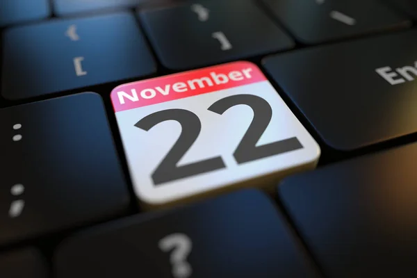 22 de noviembre en una tecla de teclado, representación 3d —  Fotos de Stock