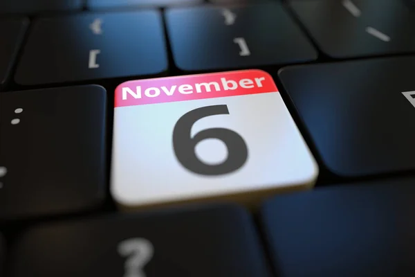 November 6 date on a keyboard key, 3d rendering — Foto de Stock