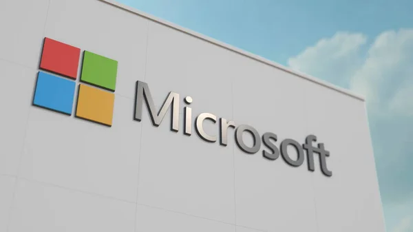 Το λογότυπο της Microsoft στον τοίχο. Έκδοση 3D απόδοση — Φωτογραφία Αρχείου