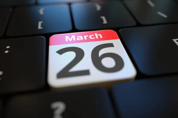 26 марта дата на клавише клавиатуры, 3D рендеринг — стоковое фото