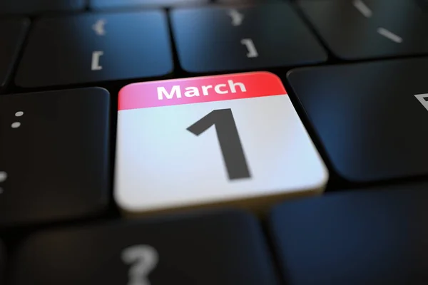 1. März Datum auf einer Tastatur-Taste, 3D-Darstellung Stockbild