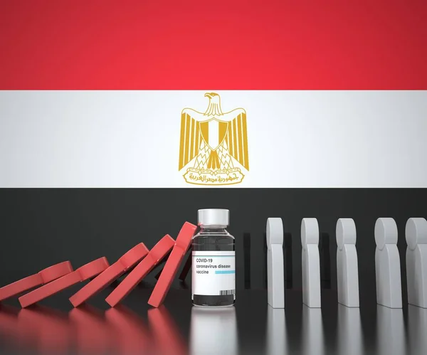 COVID-19 φιαλίδιο εμβόλιο αποτρέπει την πτώση των ανθρώπων φιγούρες στη σημαία της Αιγύπτου. Ιατρική εννοιολογική 3D απόδοση — Φωτογραφία Αρχείου