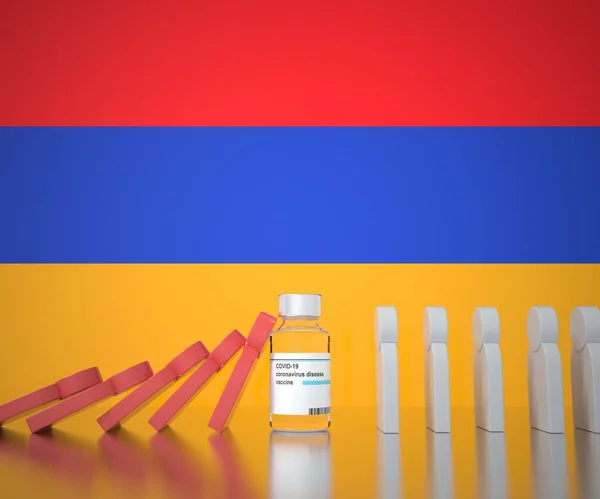 COVID-19 вакцина флакон запобігає падінню людей на прапорі Вірменії. Медичний концептуальний 3D-рендеринг — стокове фото
