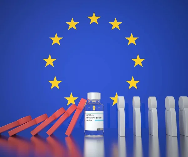 COVID-19 квіткова вакцина запобігає падінню людей на прапорі ЄС. Медичний концептуальний 3D-рендеринг — стокове фото