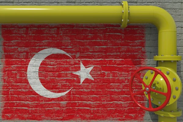 Bandeira pintada da Turquia e tubo amarelo com válvula, renderização 3d — Fotografia de Stock