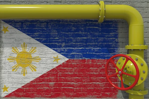 Bendera bergambar Filipina dan pipa kuning dengan katup, render 3d — Stok Foto