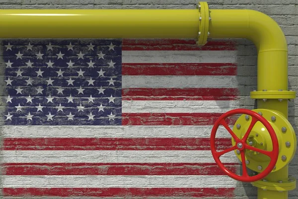 Flag of the USA and industrial pipe with valve. 3d rendering — Stock Photo, Image