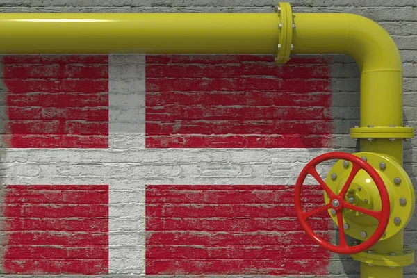 Σημαία Δανίας και βιομηχανικός σωλήνας με βαλβίδα. 3d απόδοση — Φωτογραφία Αρχείου