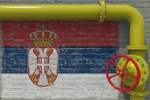 Βαμμένη σημαία Σερβίας και κίτρινος σωλήνας με βαλβίδα, 3d απόδοση — Φωτογραφία Αρχείου