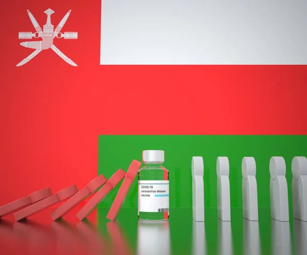 COVID-19 vaccin flacon voorkomt vallen van mensen figuren onder de vlag van Oman. Medische conceptuele 3D rendering — Stockfoto