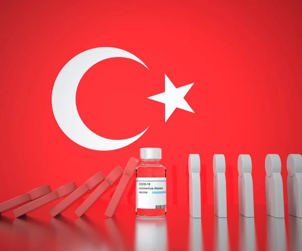 El vial de vacuna COVID-19 previene la caída de figuras de personas en la bandera de Turquía. Representación médica conceptual 3D — Foto de Stock