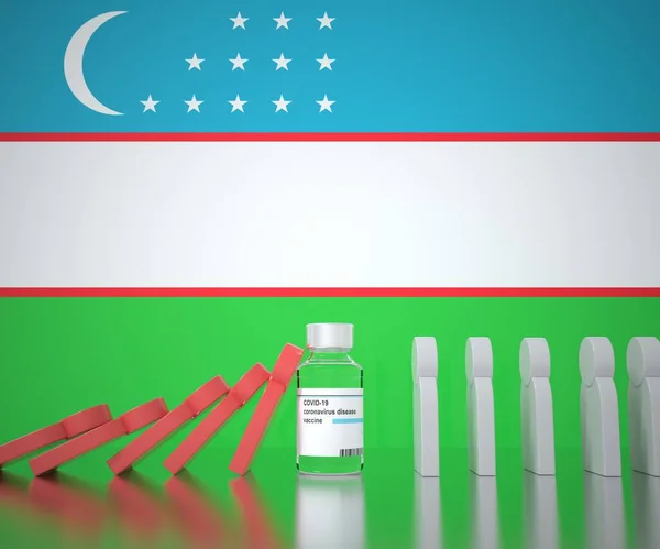 COVID-19 vaccine vial prevents falling of people figures at the flag of Uzbekistan. Medical conceptual 3D rendering — Stock Photo, Image