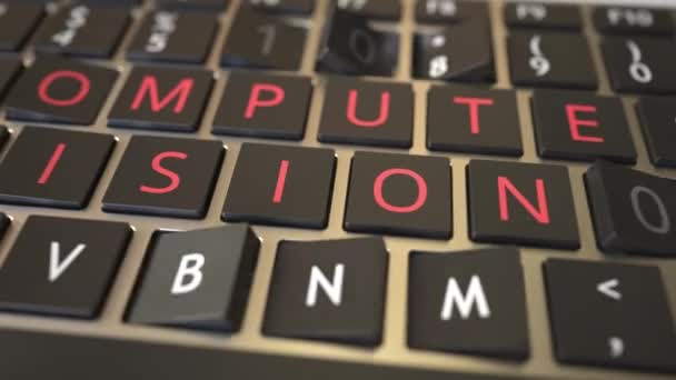 COMPUTER VISION Text, der mit Klapptasten der Computertastatur enthüllt wird. Moderne technologiebezogene konzeptionelle 3D-Animation — Stockvideo