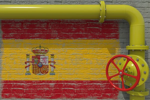 Flaga Hiszpanii i rura przemysłowa z zaworem. 3d renderowanie — Zdjęcie stockowe