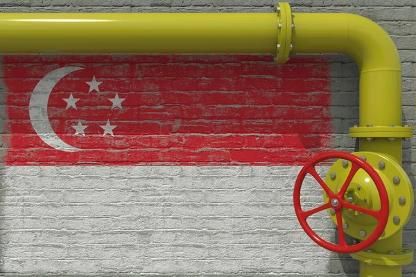Труба с клапаном и флагом Сингапура. 3d-рендеринг — стоковое фото