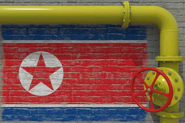 Kuzey Kore 'nin boyalı bayrağı ve valfli sarı boru, 3D işlemeli. — Stok fotoğraf