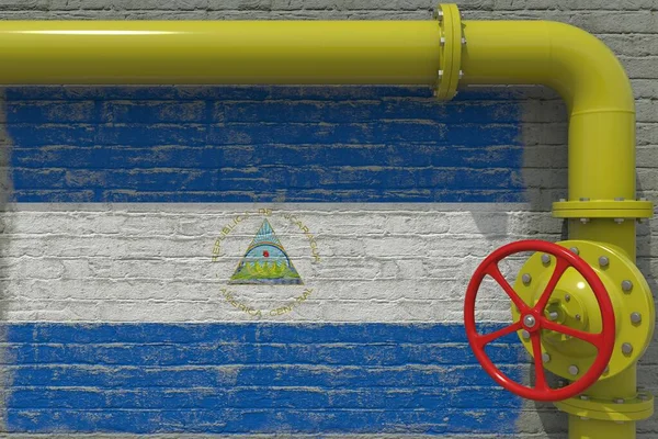 Σωλήνας με βαλβίδα και σημαία Νικαράγουας. 3d απόδοση — Φωτογραφία Αρχείου