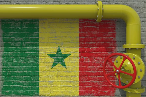 Bandera de Senegal y tubo industrial con válvula. renderizado 3d — Foto de Stock