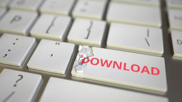 Download key being destroyed on the computer keyboard. Conceptual 3D rendering — Stock Photo, Image